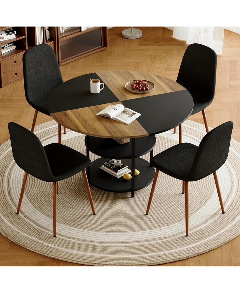 47" Round Dining Table Set with 4 Black Chairs & Storage