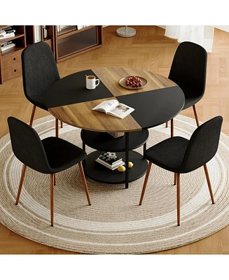 47" Round Dining Table Set with 4 Black Chairs & Storage