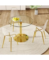 35" Glass Round Dining Set: Gold Table & 3 Clear Chairs