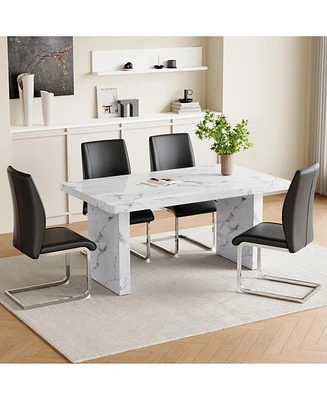 White Marble Table & 4 Black Pu Chairs - Silver Legs