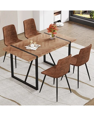Retro Wood Table & 4 Brown Tech-Fabric Chairs