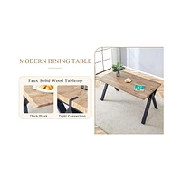 63" Wood Table & 6 Brown Fabric Chairs