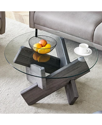 33.4" Round Glass Coffee Table - Grey Patterned Legs