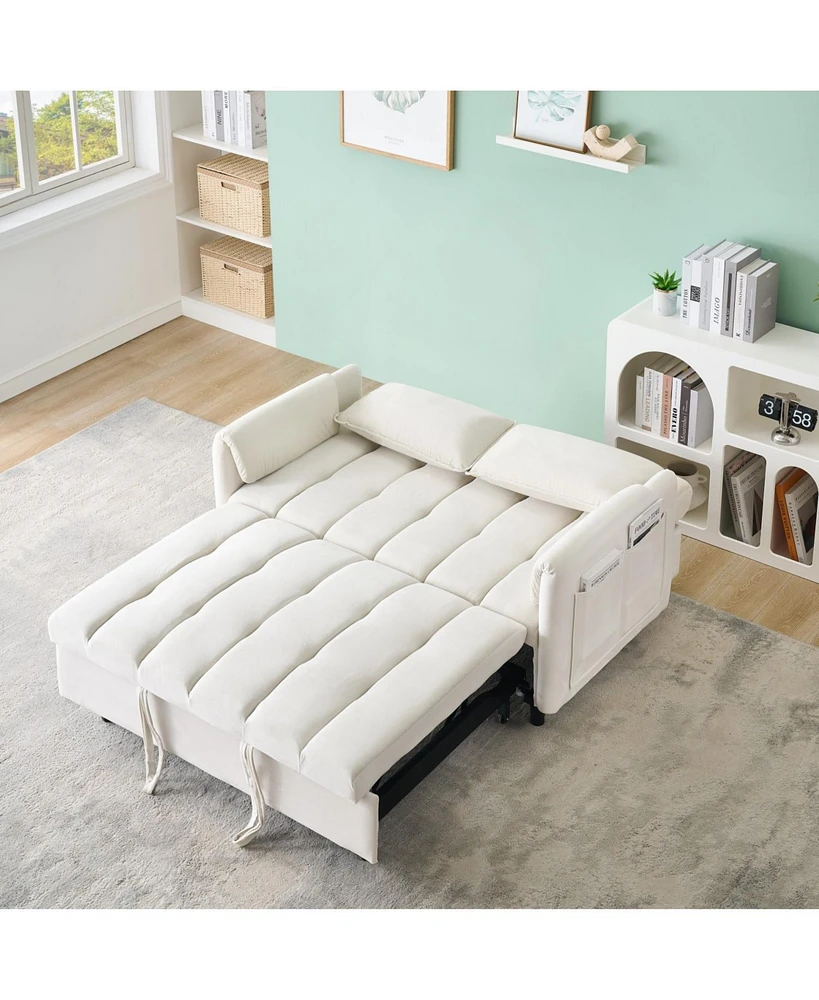 Beige Velvet Sofa Bed - Convertible Sleeper Couch