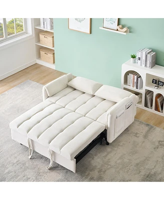 Beige Velvet Sofa Bed - Convertible Sleeper Couch