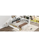 Wood Full Size platform bed with Storage Headboard, Shelves and 2 Drawers, White