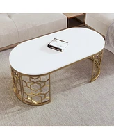 Modern Oval Coffee Table with Cut-Out Pattern Metal Stainless Steel Frame in 47.2"