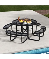 45 Inches Outdoor Round Picnic Table and Bench Set for 8 with Umbrella Hole-Black