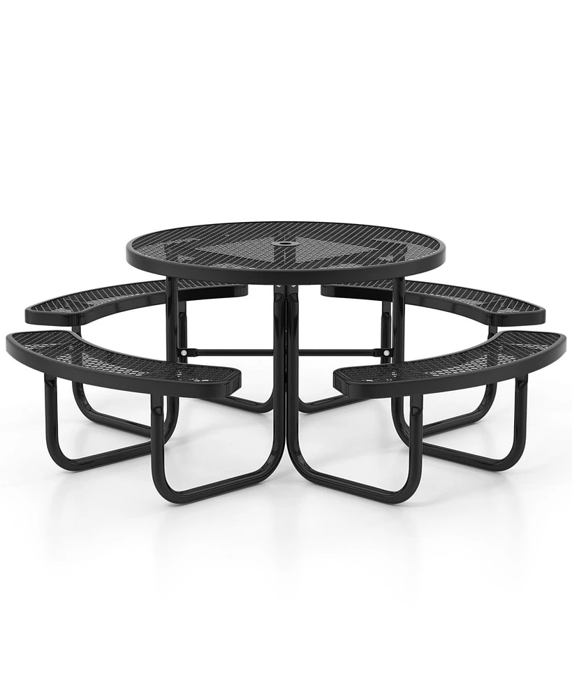 45 Inches Outdoor Round Picnic Table and Bench Set for 8 with Umbrella Hole-Black