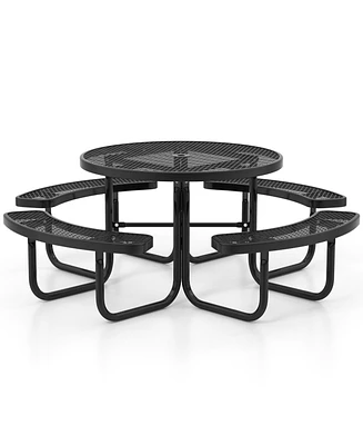 45 Inches Outdoor Round Picnic Table and Bench Set for 8 with Umbrella Hole-Black