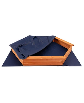 Hexagon Wooden Cedar Sand Box w Seat Boards