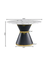 White Marble Print Round Table, Black/Gold Base (No Chairs)