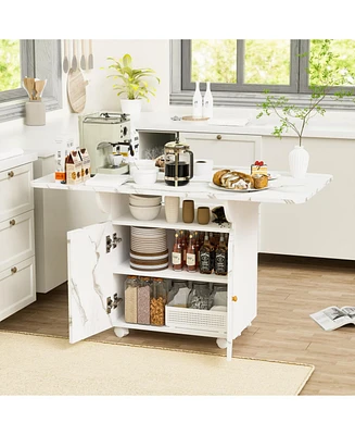 47" Wood Folding Dining Table with storage rack and cabinet, Removable Entryway Table with 6 Wheels, White Marble Color Kitchen Island, Side Tabl