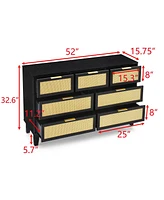 Bedroom 7 drawer dresser, rattan dresser modern wooden chest of drawers with spacious storage space for bedroom hallway living room