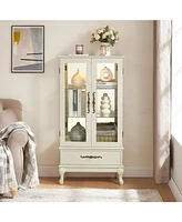 Curio Cabinet Lighted Glass Cabinet Glass Wine Cabinet Curio Display Cabinet with Adjustable Glass Shelves 2 Doors and 1 drawer Cabinet Sideboard With