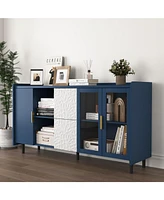Modern Kitchen Pantry Storage Cabinet, 55" Coffee Bar Storage Cabinet with 2 Drawers, 2 Open Storage Compartment & 2 Glass Doors, Wood Buffet Tab