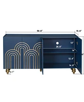 Navy Blue Fluted Sideboard Buffet with 4 Doors