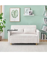 Beige Corduroy Pull-Out Sofa with Tabletop and Usb Ports