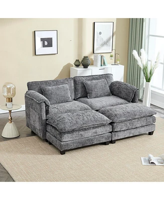 Plush Chenille Sofa with Detachable Armrests, Footstools and Side Pockets
