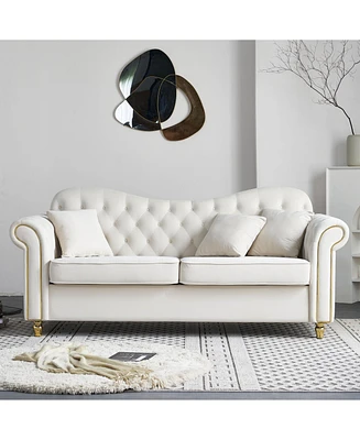 82.68'' Mid Century Modern Velvet Couch Chesterfield Sofa for Living Room,Hotel,Guest Room,Waiting Room, Beige Color