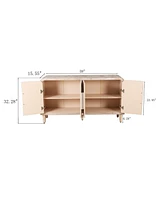 59" Farmhouse Sideboard, Vertical Grain Carving, Adjustable Shelves, Natural Wood