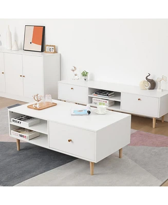 Modern White Coffee Table with Storage and Solid Wood Legs