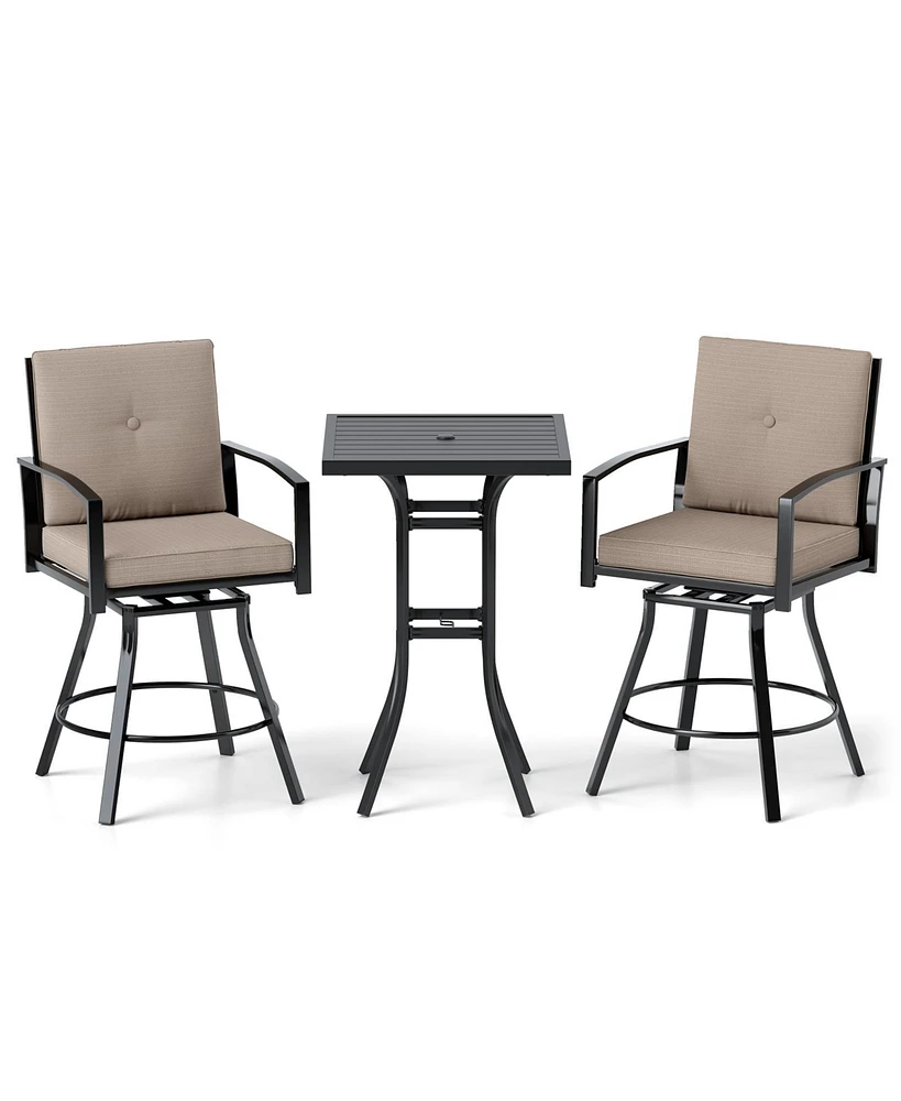 3 Pieces Patio Swivel Bar Set with Soft Cushions and Umbrella Hole
