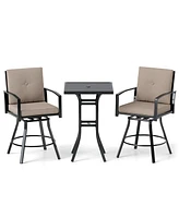3 Pieces Patio Swivel Bar Set with Soft Cushions and Umbrella Hole