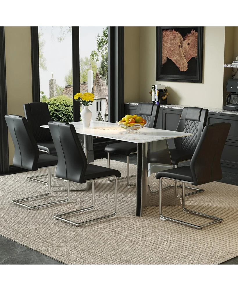 Cold Jade Dining Table Set with 6 Black Pu Chairs