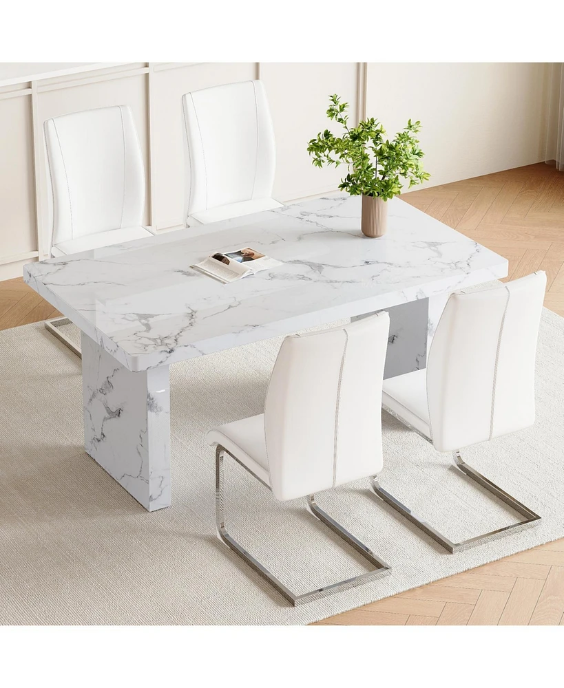 White Marble Dining Set: Table & 4 Pu Chairs