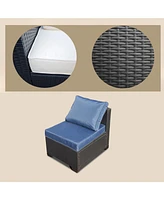 Seven-Piece Black Rattan Outdoor Sofa Set w/ Blue Cushions