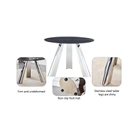 Round Table and 4 Black Chairs with Silver Metal Legs, Sintered Stone Tabletop