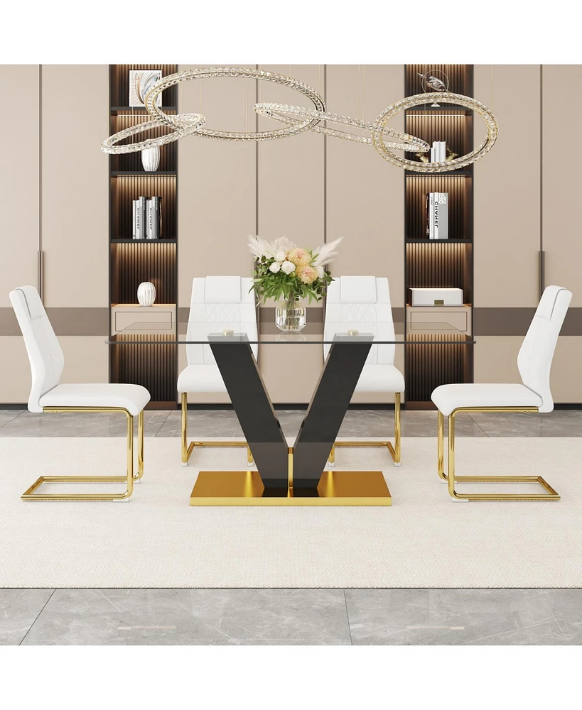 Luxurious 6-Piece Dining Set: Tempered Glass Table and 4 White Pu Chairs