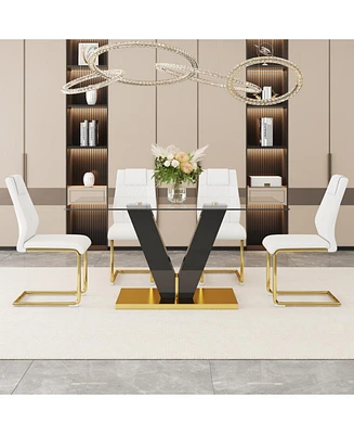 Luxurious 6-Piece Dining Set: Tempered Glass Table and 4 White Pu Chairs