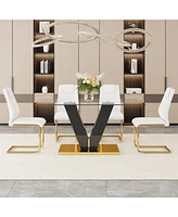 Luxurious 6-Piece Dining Set: Tempered Glass Table and 4 White Pu Chairs