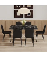 Modern Dining Set with 6 Upholstered Chairs, 55"x31.4" Black Marble Pattern
