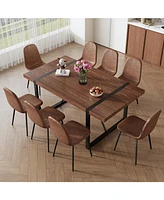 Industrial Walnut Dining Set: 71" Table + 8 Brown Chairs