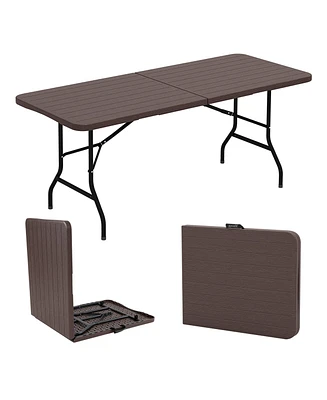 6 Feet Folding Table with Wood Grain Hdpe Tabletop and Safe Lock Mechanism-Brown