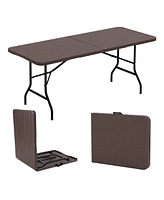 6 Feet Folding Table with Wood Grain Hdpe Tabletop and Safe Lock Mechanism-Brown