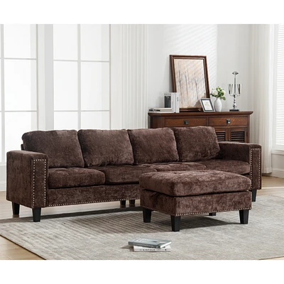 5 Seat Modular Sofa, with Storage Ottoman, Convertible Sectional Sofa, L Shaped Couch, Reversible Chaise, Riveted sofa, Chenille, Brown