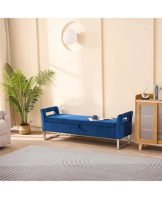 Navy Velvet Storage Bench with Armrests - 67.91" Wide