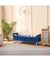 Navy Velvet Storage Bench with Armrests - 67.91" Wide