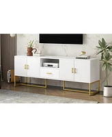 Modern Tv Stand for TVs up to 70", with Drawer, Cabinets, Metal Legs, and Safety Features