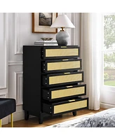 Bedroom 5 drawer dresser, rattan dresser modern wooden chest of drawers with spacious storage space for bedroom hallway living room