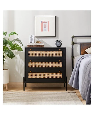 Rattan Storage Cabinet with 3 Large Drawers, Boho Mid-Century Wooden Nightstand Drawer Dresser, Sideboard Buffet Cabinet with Storage for Living Room