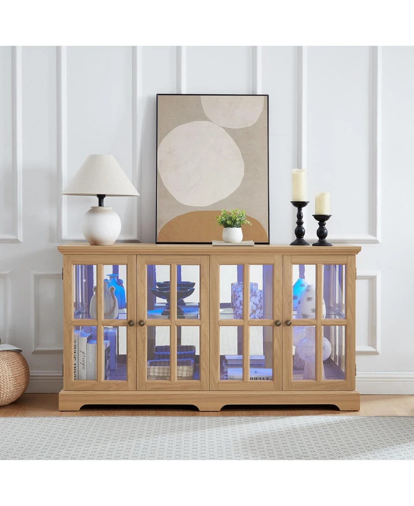 Led Curio Cabinet, Oak Display Case with Glass Doors and Adjustable Shelves