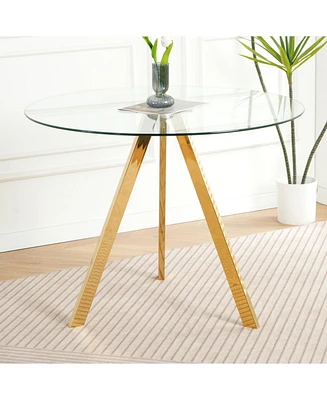 39.2" Round Glass Dining Table with Gold Metal Legs