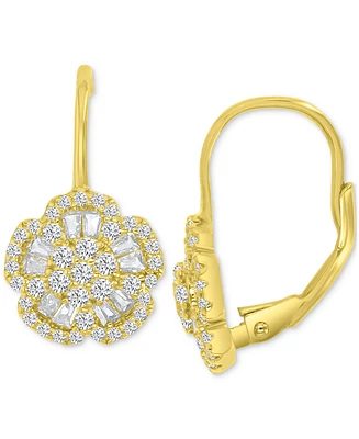 Cubic Zirconia Round & Baguette Flower Motif Leverback Drop Earrings