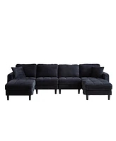 Oversized U-Shaped Corduroy Sectional Sofa with Ottomans (Black)
