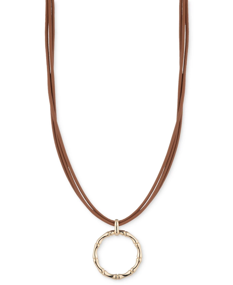 Lauren Ralph Lauren Gold-Tone Brown Leather Pendant Necklace, 16" + 3" extender